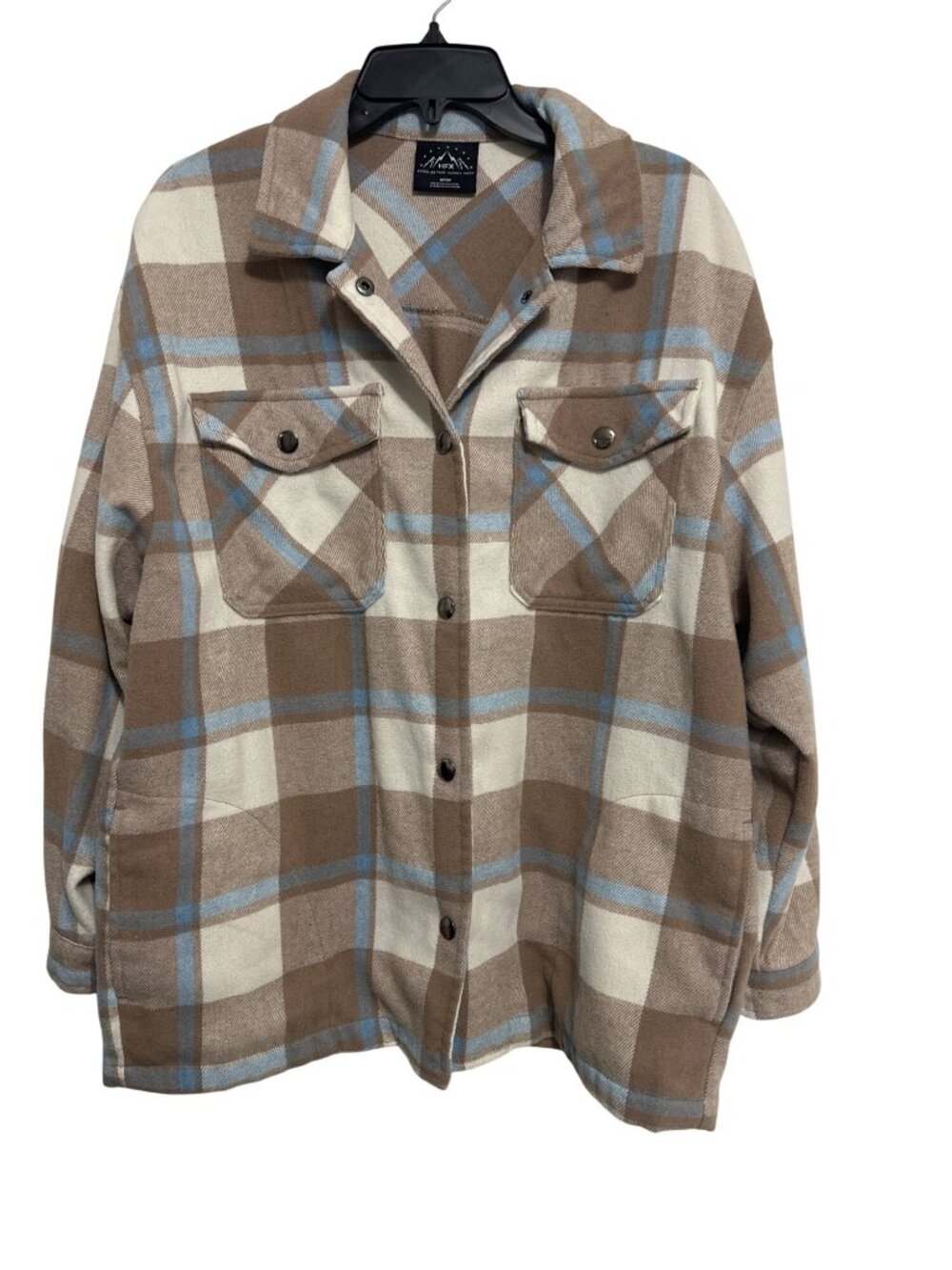 HFX Women Medium Plaid Button-Up Flannel Shirt In Brown & Blue Two Chest Pockets